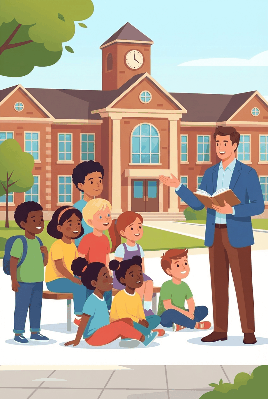 A teacher reading aloud to a group of smiling students outside their school
